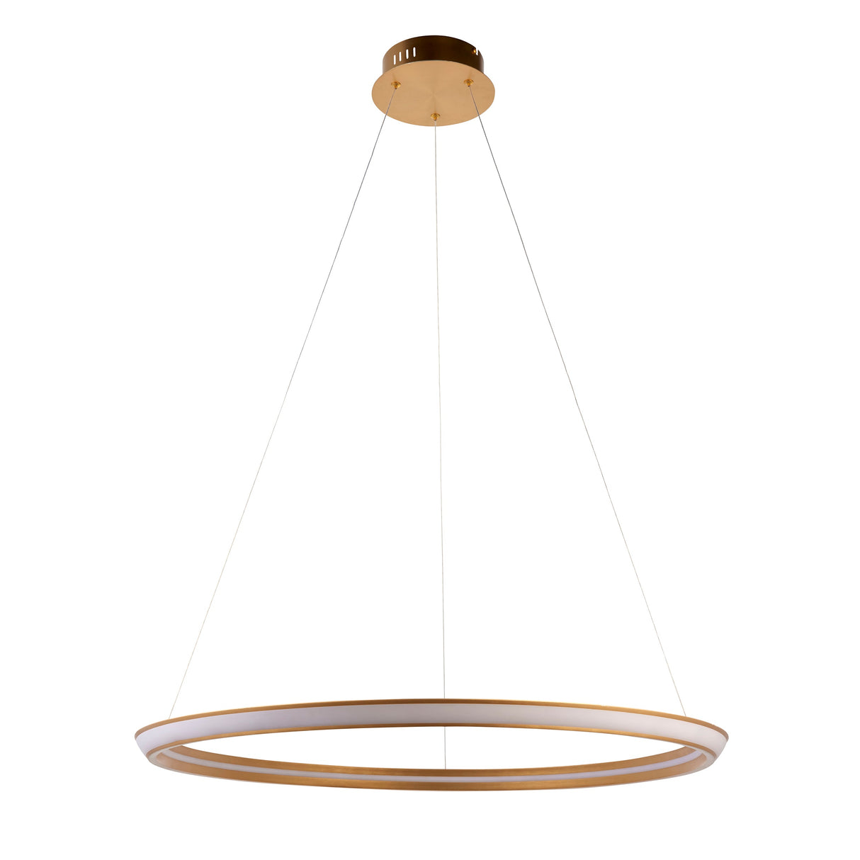 Ashenhurst LED Ring Pendant in satin gold by Lighting No.1, a single integrated LED circle suspended from a round ceiling plate on thin cables.