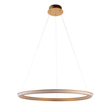 Ashenhurst LED Ring Pendant in satin gold by Lighting No.1, a single integrated LED circle suspended from a round ceiling plate on thin cables.