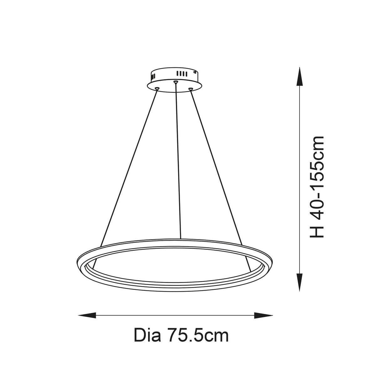 Dimensions diagram of the Lighting No.1 Ashenhurst LED ring pendant showing 75.5cm diameter and adjustable 40-155cm drop height.