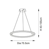 Dimensions diagram of the Lighting No.1 Ashenhurst LED ring pendant showing 75.5cm diameter and adjustable 40-155cm drop height.