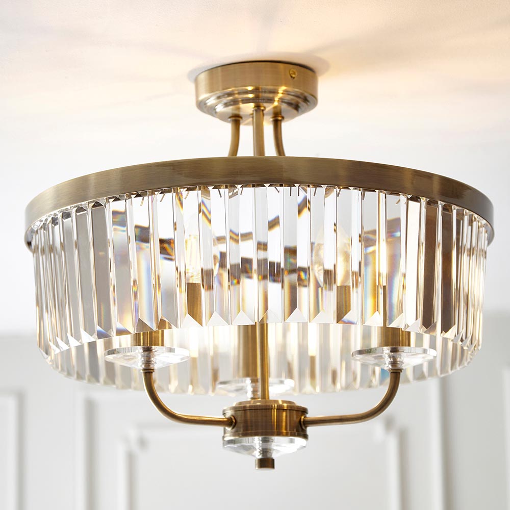 Calverdale Round Cut 3 Light Semi Flush - Antique Brass Clear