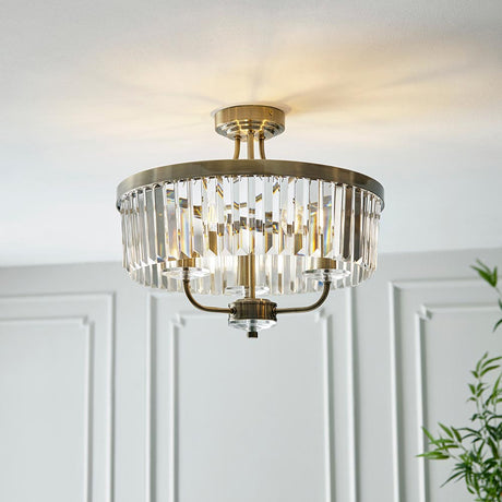 Calverdale Round Cut 3 Light Semi Flush - Antique Brass Clear