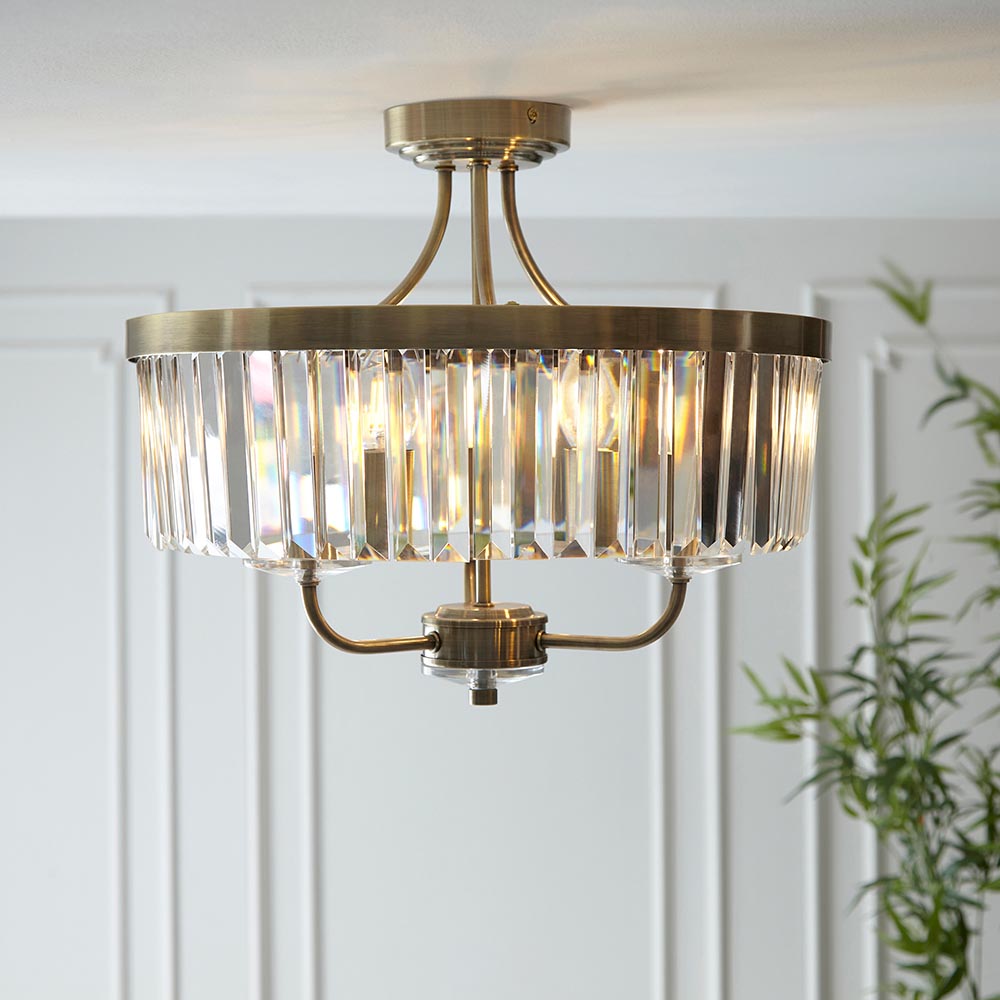 Calverdale Round Cut 3 Light Semi Flush - Antique Brass Clear