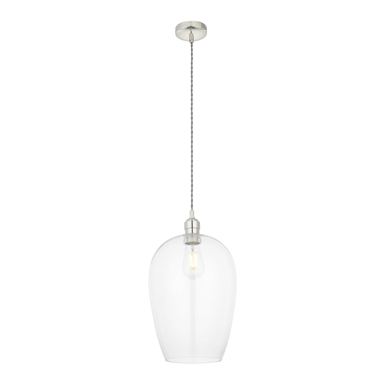 Lighting No.1 Vellmere Large Pendant in bright nickel with a clear glass shade and E27 filament lamp, shown on a plain white background.