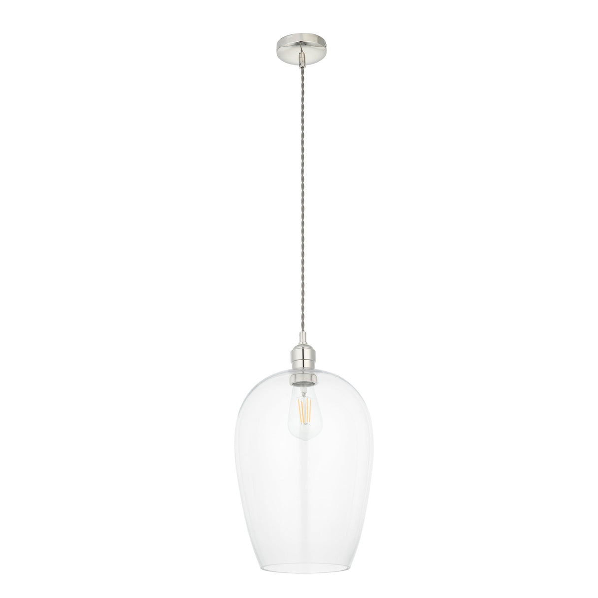 Vellmere Large Pendant by Lighting No.1 with clear glass egg-shaped shade, bright nickel ceiling plate and E27 filament lamp on a white background.