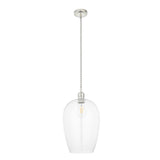 Vellmere Large Pendant by Lighting No.1 with clear glass egg-shaped shade, bright nickel ceiling plate and E27 filament lamp on a white background.