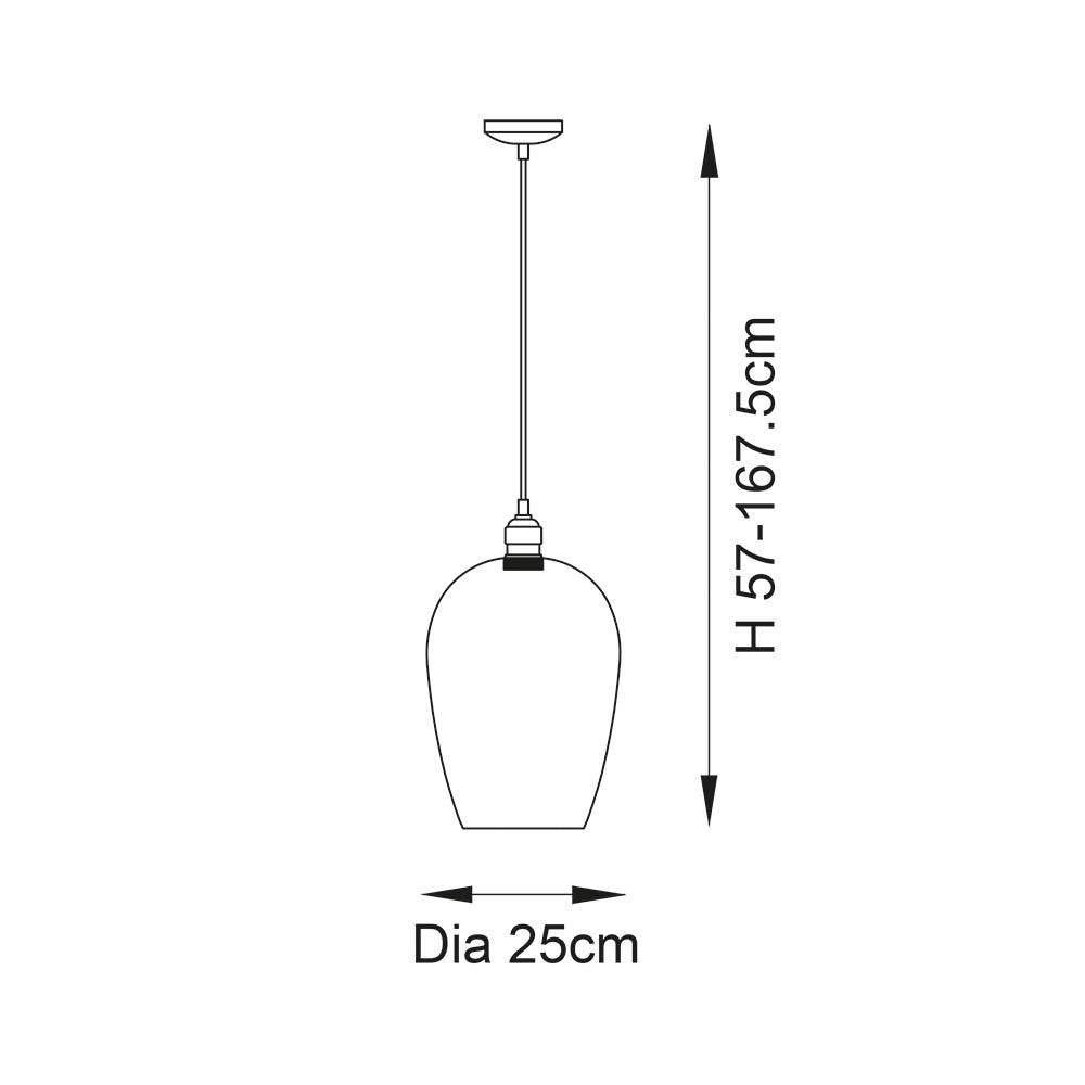 Dimension diagram of the Vellmere Large Pendant in bright nickel by Lighting No.1, showing 25cm diameter shade and adjustable 57–167.5cm drop.