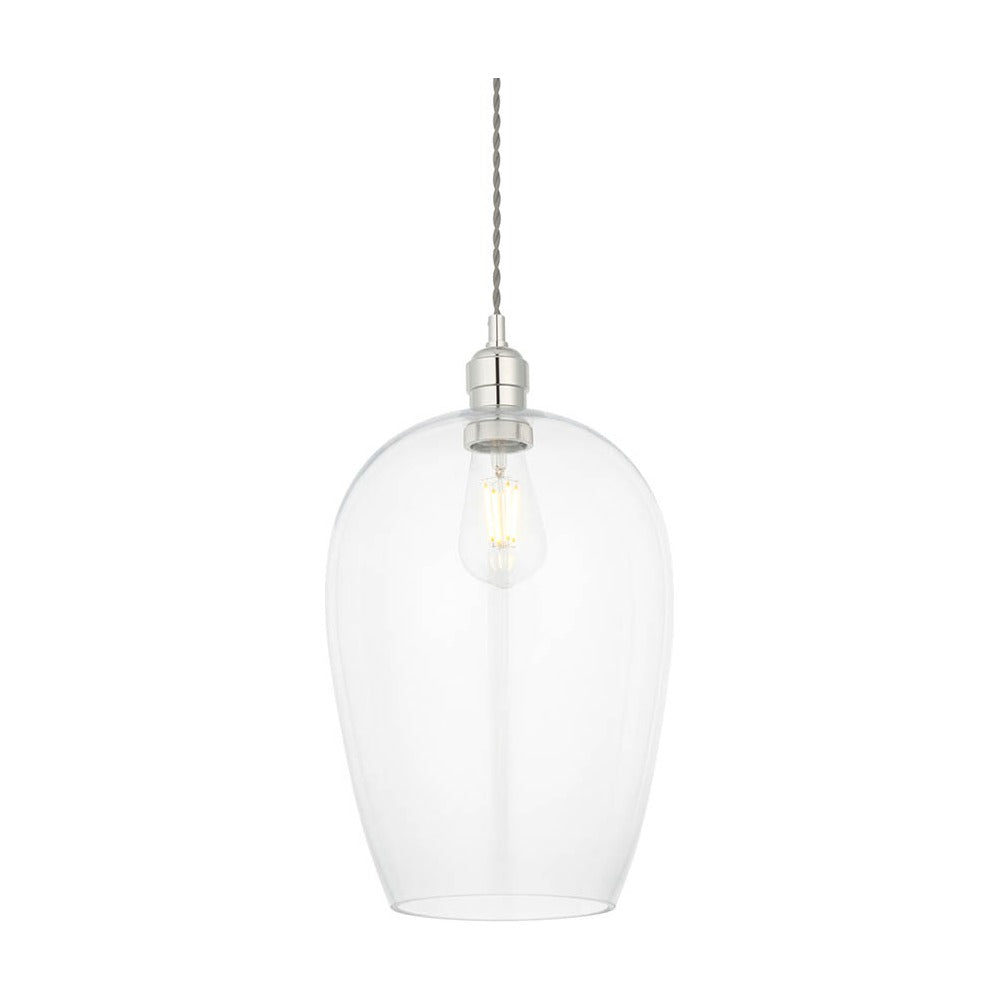 Lighting No.1 Vellmere Large Pendant in clear glass with a bright nickel ceiling plate and E27 filament lamp, shown against a plain white background.