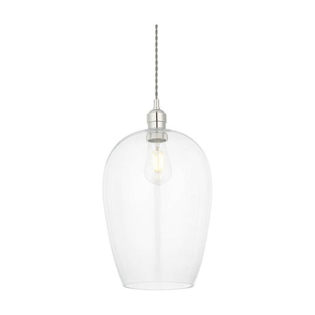 Lighting No.1 Vellmere Large Pendant in clear glass with a bright nickel ceiling plate and E27 filament lamp, shown against a plain white background.