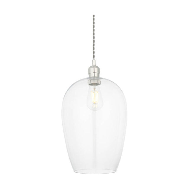 Lighting No.1 Vellmere Large Pendant in clear glass with a bright nickel ceiling plate and E27 filament lamp, shown against a plain white background.