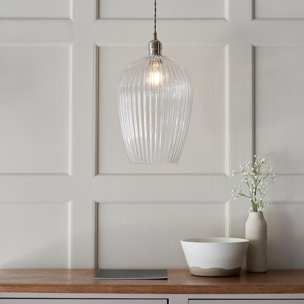 Quenford Ribbed Large Pendant - Clear Bright Nickel