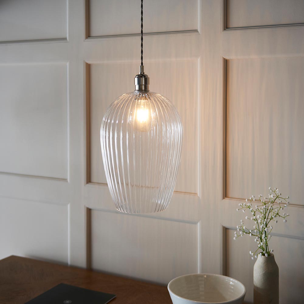 Quenford Ribbed Large Pendant - Clear Bright Nickel