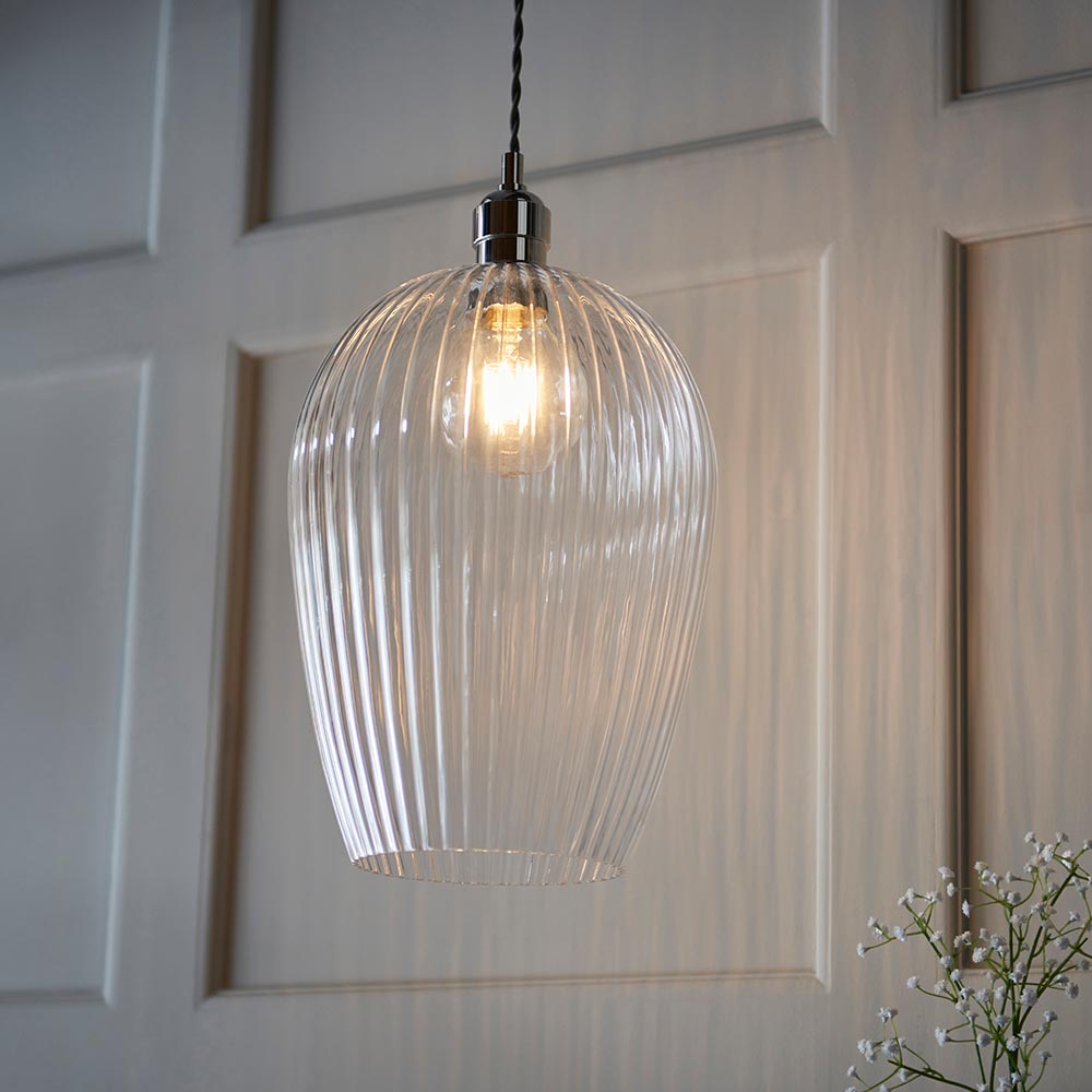 Quenford Ribbed Large Pendant - Clear Bright Nickel