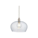 Draywick Hammered Medium Pendant from Lighting No.1 with a wide dimpled clear glass shade, bright nickel fitting and E27 lamp, on white.