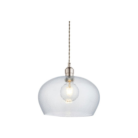 Draywick Hammered Medium Pendant from Lighting No.1 with a wide dimpled clear glass shade, bright nickel fitting and E27 lamp, on white.