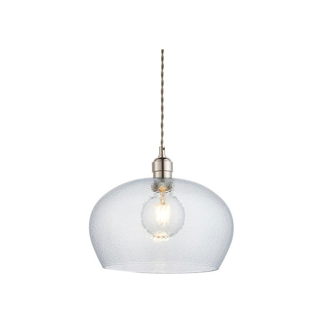 Draywick Hammered Medium Pendant from Lighting No.1 with a wide dimpled clear glass shade, bright nickel fitting and E27 lamp, on white.