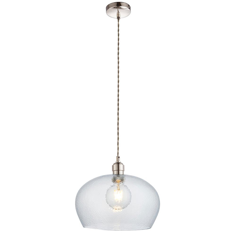 Draywick Hammered Medium Pendant from Lighting No.1 with a dome-shaped clear dimpled glass shade and bright nickel ceiling plate on a twisted cord.