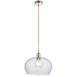 Draywick Hammered Medium Pendant from Lighting No.1 with a dome-shaped clear dimpled glass shade and bright nickel ceiling plate on a twisted cord.