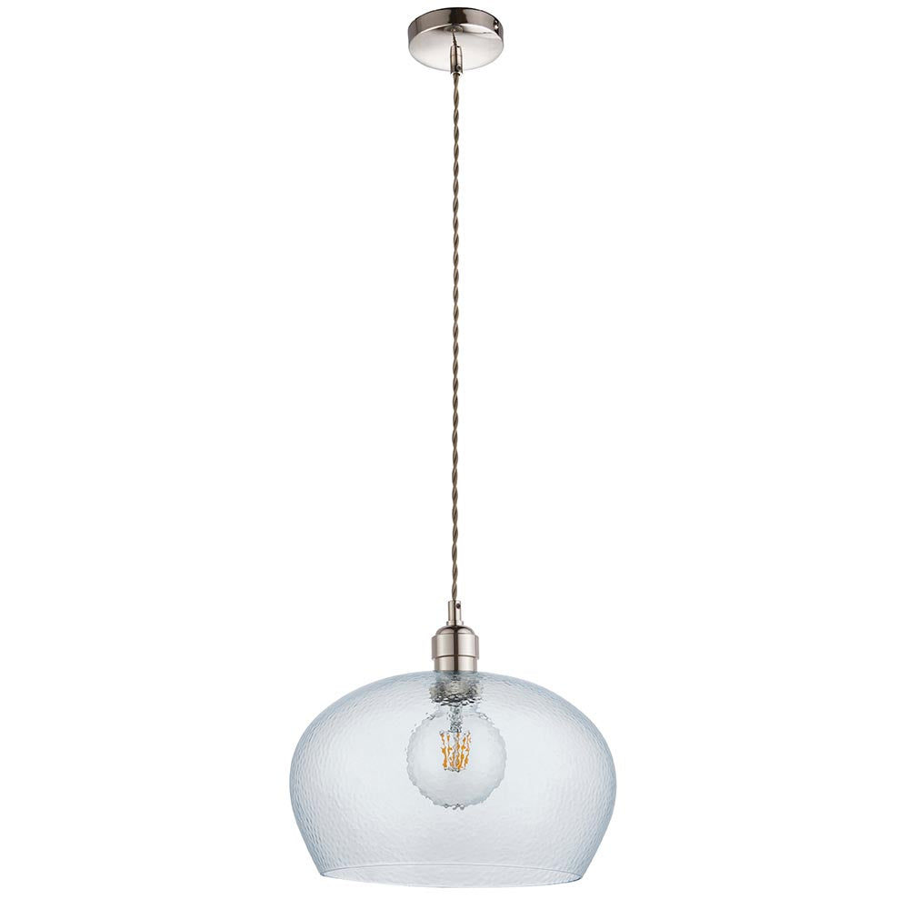 Draywick Hammered Medium Pendant in clear bright nickel by Lighting No.1, featuring a dimpled glass dome shade, E27 lamp and twisted cord.