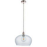 Draywick Hammered Medium Pendant in clear bright nickel by Lighting No.1, featuring a dimpled glass dome shade, E27 lamp and twisted cord.