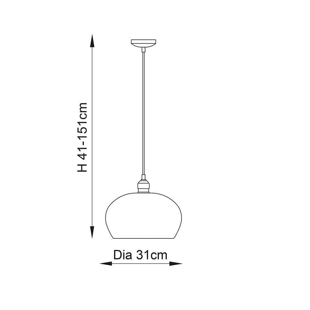 Dimensioned line drawing of the Draywick Hammered Medium Pendant in bright nickel, showing 310mm diameter and adjustable 41–151cm drop.