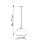 Dimensioned line drawing of the Draywick Hammered Medium Pendant in bright nickel, showing 310mm diameter and adjustable 41–151cm drop.
