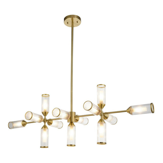Gorsewell Ribbed Linear 13 Light Pendant from Lighting No.1 in satin brass with ribbed frosted glass shades on a horizontal bar, plain white background.