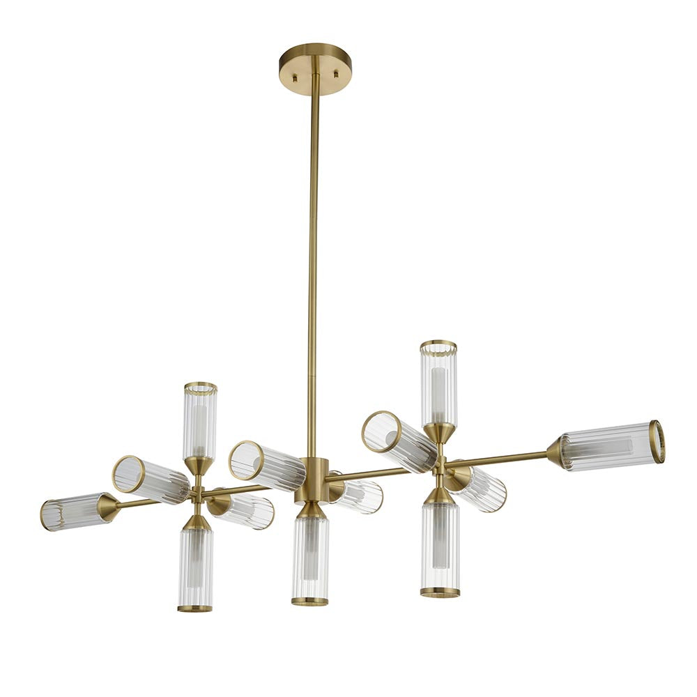 Gorsewell Ribbed Linear 13 Light Pendant in frosted satin brass from Lighting No.1, with ribbed glass shades on a horizontal bar, on white.