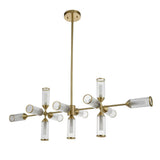 Gorsewell Ribbed Linear 13 Light Pendant in frosted satin brass from Lighting No.1, with ribbed glass shades on a horizontal bar, on white.