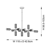 Dimension diagram of the Gorsewell Ribbed Linear 13 Light Pendant from Lighting No.1, showing W 118 x D 42.6cm and adjustable H 56.5-103cm.