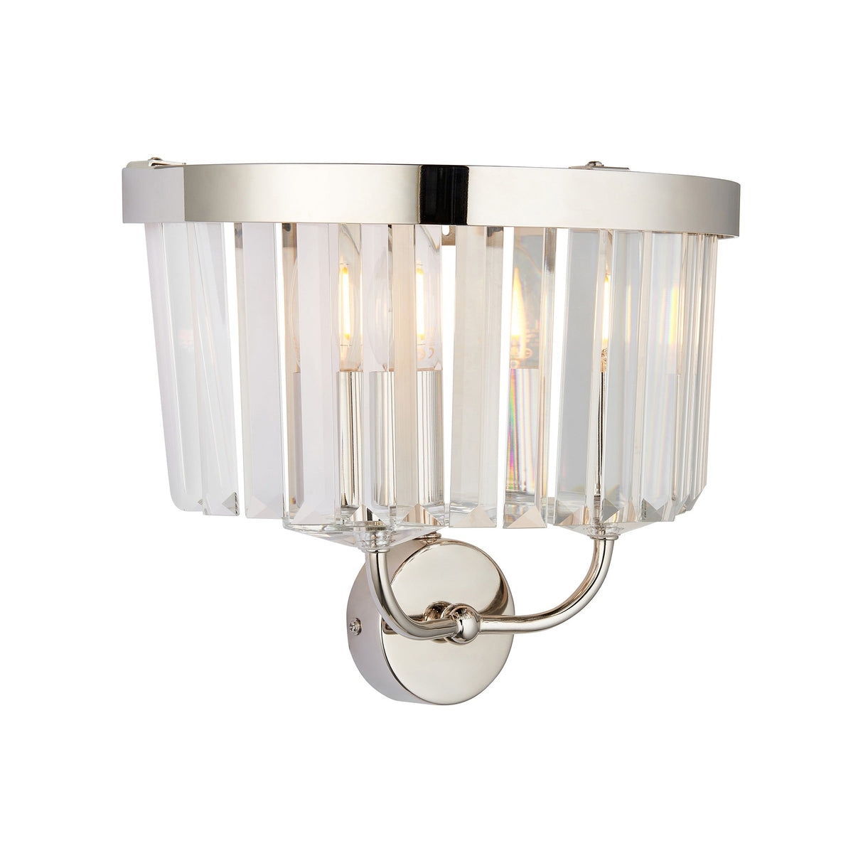 Calverdale Cut 2 light wall light from Lighting No.1 in bright nickel with faceted cut glass shades on a curved arm and round backplate.