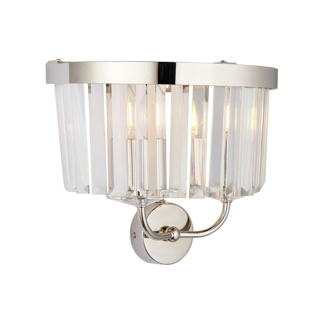 Calverdale Cut 2 light wall light from Lighting No.1 in bright nickel with faceted cut glass shades on a curved arm and round backplate.