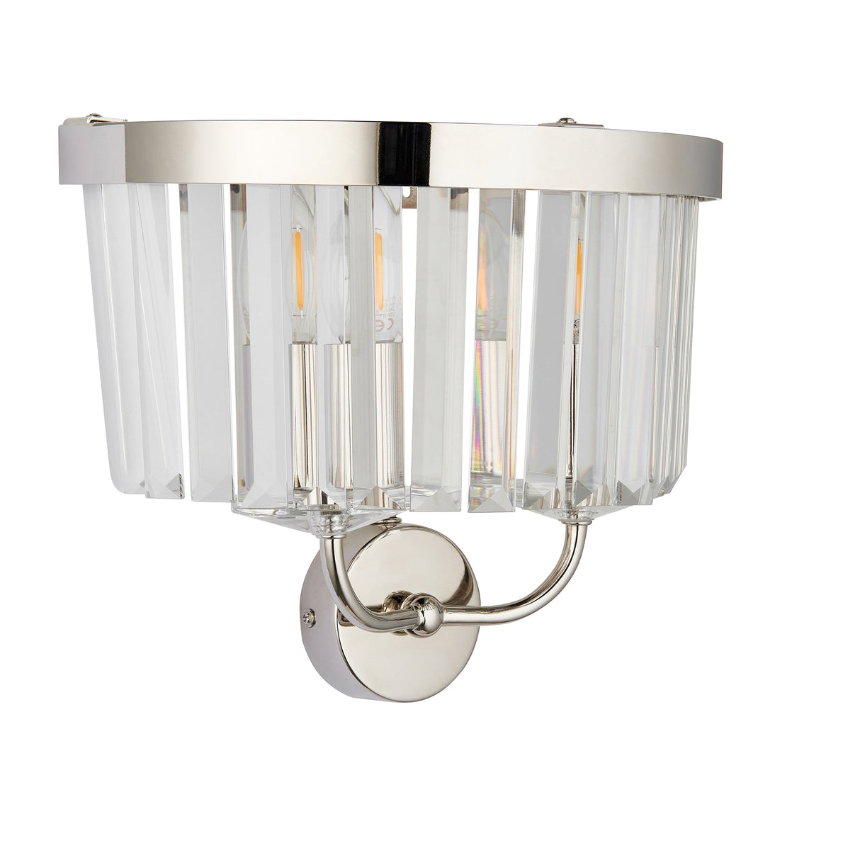Calverdale Cut 2 light wall light in bright nickel from Lighting No.1, with faceted cut glass shades and curved arms, on a white background.