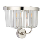 Calverdale Cut 2 light wall light in bright nickel from Lighting No.1, with faceted cut glass shades and curved arms, on a white background.