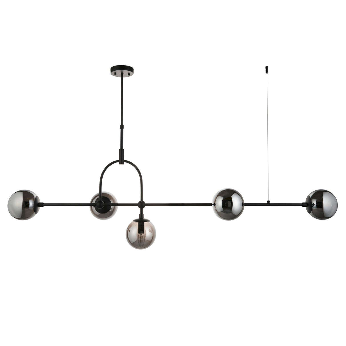 Haldmere linear pendant by Lighting No.1 with five smoked grey glass spheres along a matt black adjustable bar, shown on a plain white background.