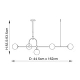 Dimensioned line drawing of the Lighting No.1 Haldmere 5 light linear pendant showing 1620mm bar, 445mm depth and 835-935mm adjustable height.