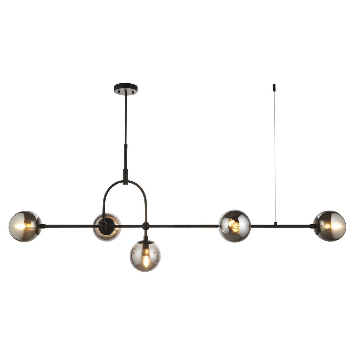 Haldmere linear pendant by Lighting No.1 with five grey tinted glass spheres along a matt black adjustable stem bar, shown on a white background.