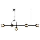 Haldmere linear pendant by Lighting No.1 with five grey tinted glass spheres along a matt black adjustable stem bar, shown on a white background.