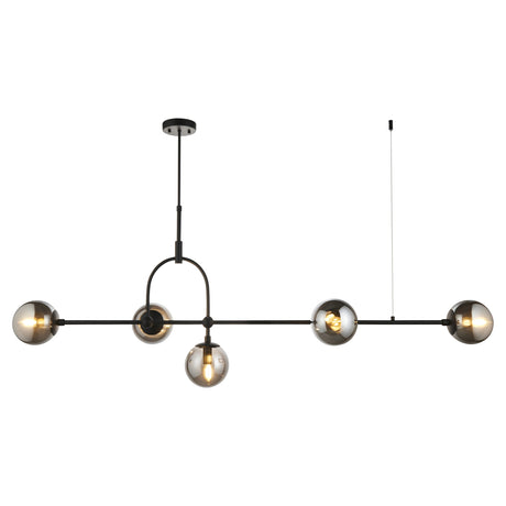 Haldmere linear pendant by Lighting No.1 with five grey tinted glass spheres along a matt black adjustable stem bar, shown on a white background.