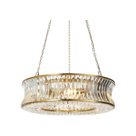 Wychford six-light pendant from Lighting No.1 in brushed brass with concave clear glass shades, suspended on chains against a white background.