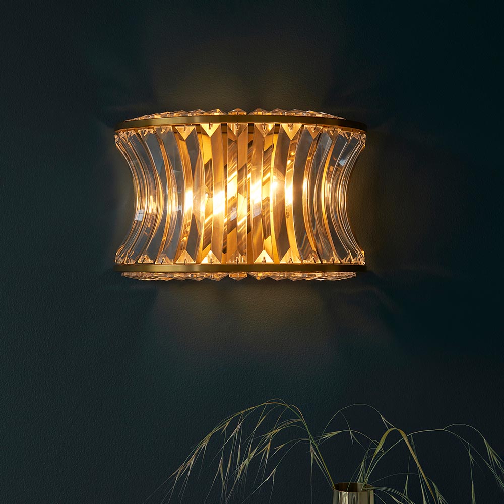 Wychford Warm Concave 2 Light Wall Light - Brushed Brass Clear