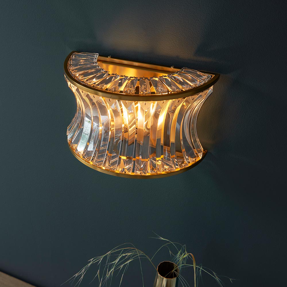 Wychford Warm Concave 2 Light Wall Light - Brushed Brass Clear