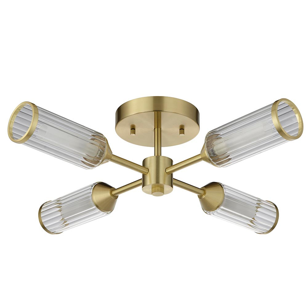 Gorsewell Ribbed Semi-flush 4 Light ceiling fitting from Lighting No.1 in satin brass with four frosted ribbed glass shades on a round plate.