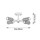 Line drawing of the Gorsewell Ribbed Semi-flush 4 Light Ceiling Light by Lighting No.1, showing 55cm diameter and 14.4cm height dimensions.