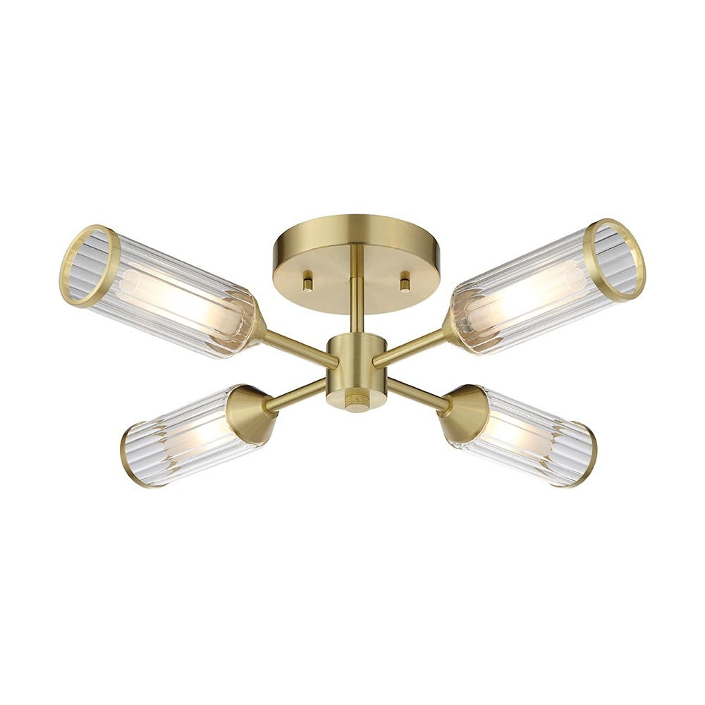 Gorsewell Ribbed Semi-flush 4 Light ceiling light from Lighting No.1, satin brass plate with four ribbed frosted glass shades on angled arms.