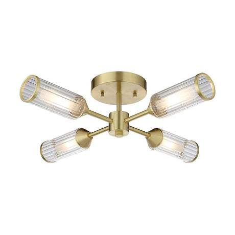 Gorsewell Ribbed Semi-flush 4 Light ceiling light from Lighting No.1, satin brass plate with four ribbed frosted glass shades on angled arms.