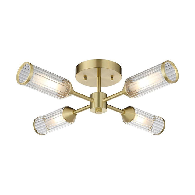Gorsewell Ribbed Semi-flush 4 Light ceiling light from Lighting No.1, satin brass plate with four ribbed frosted glass shades on angled arms.