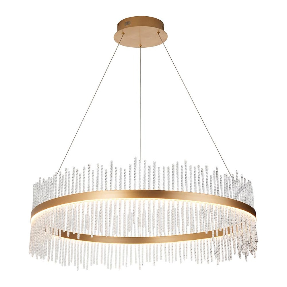Rookhurst Rod Grand Pendant in gold from Lighting No.1, a wide circular LED fitting with clear glass rods in a gold metal frame, on a white background.