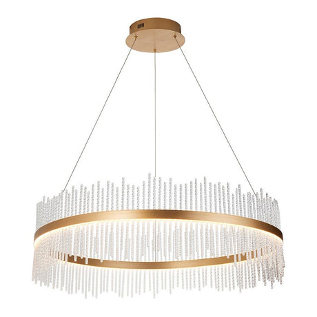 Rookhurst Rod Grand Pendant in gold from Lighting No.1, a wide circular LED fitting with clear glass rods in a gold metal frame, on a white background.