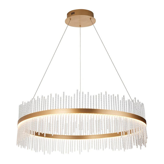 Rookhurst Rod Grand Pendant in gold from Lighting No.1, a wide circular LED fitting with clear glass rods in a gold metal frame, on a white background.